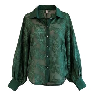 Glam Sheer Textured Floral Blouse Romantic Jacquard Batwing Button Emerald Green